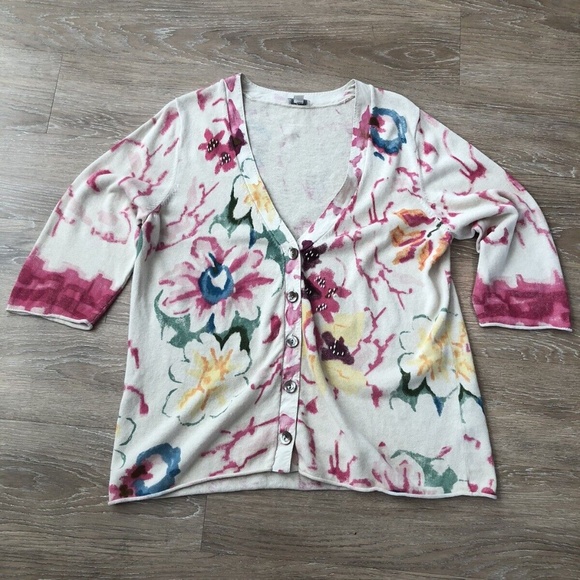 J. Jill Tan & Multi-Colored Floral Linen Blend Button Up 3/4 Sleeve Card… - Picture 9 of 10